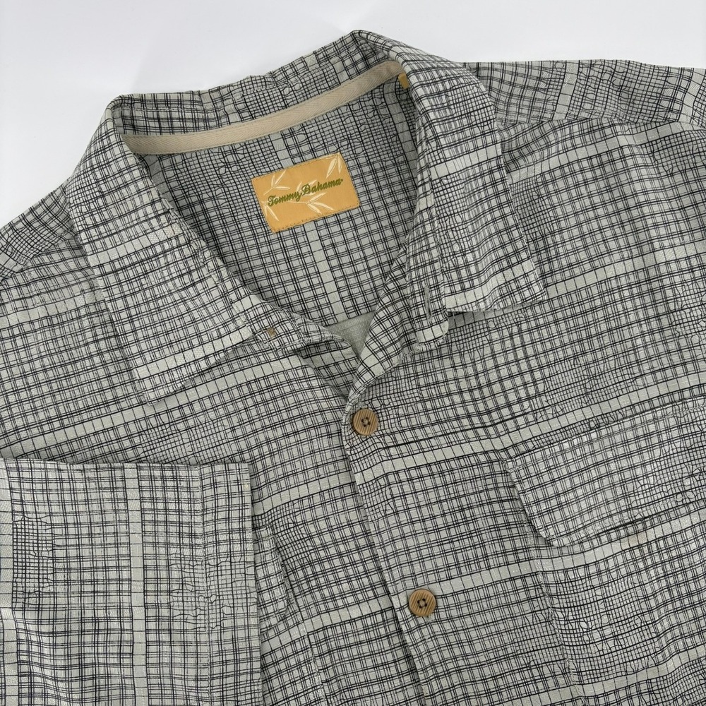 Tommy Bahama Mens XL Silk Short Sleeve Button Down Shirt Grey Textured Grid Camp